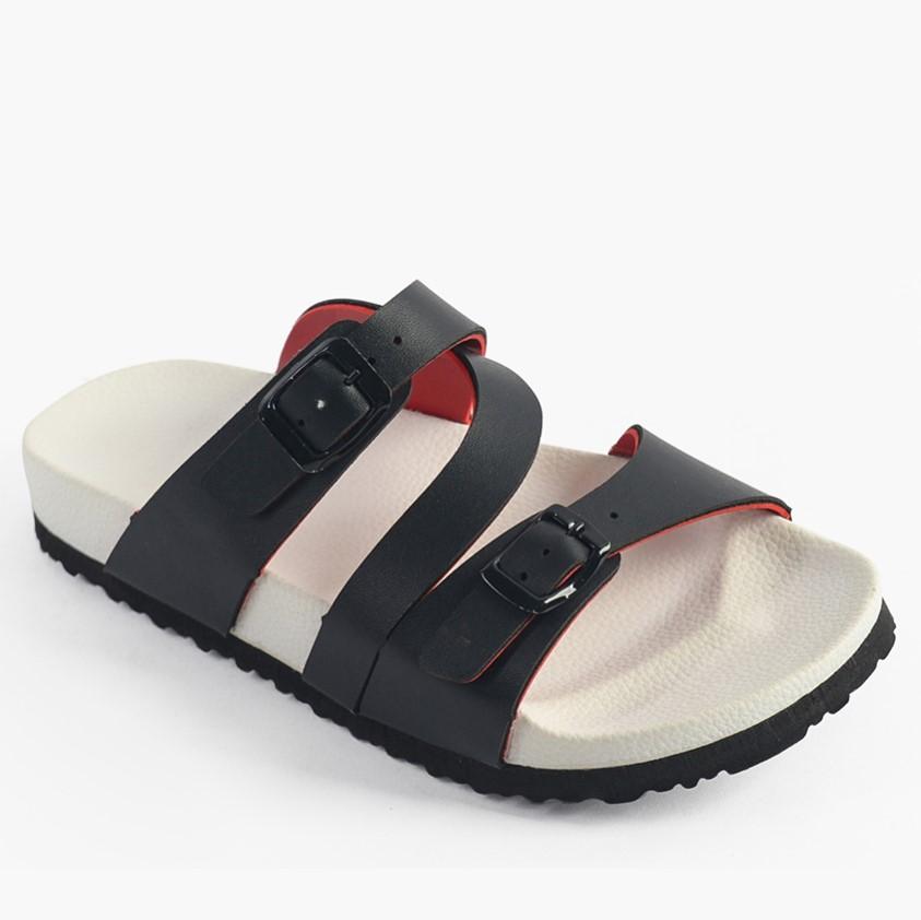 Women's Double Buckle Molded Slip-On Sandals -Black & Red | Solemate Shoes